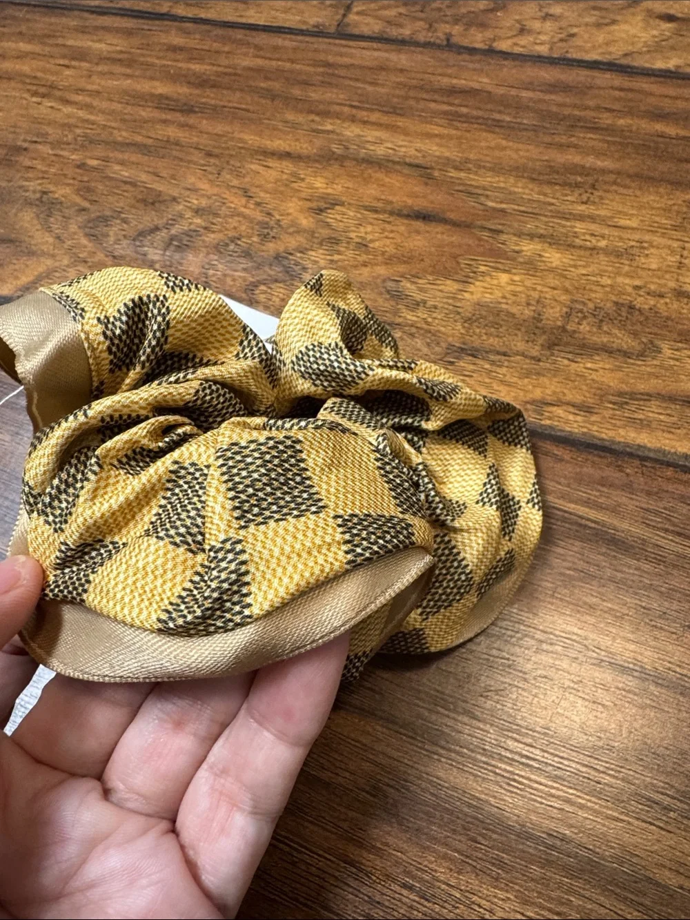 Ettas Mustard Black Plaid Satin Reversible Oversized Scrunchie NWT